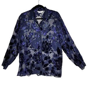 Gantos Blouse Navy Blue Velvet Flocked Floral Design SizeXL Romantic Whimsigoth